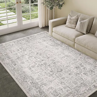 Image de Tapis de salon vintage, gris, 150x210 cm, lavable, rectangulaire, en polyester