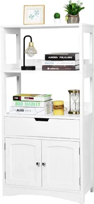 Produktbild von Küchenschrank Bäckerregal Holz, 2 türiger Mehrzweckschrank mit 2 offenen Regalen & Schublade, Badregal Mikrowellenschrank Kommode für Küche Wohnzimmer Büro Badezimmer, Weiß