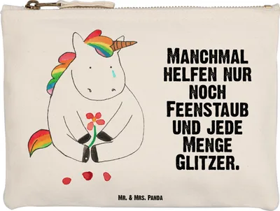 Produktbild von Mr. & Mrs. Panda Pouch Einhorn Traurig Größe M - Weiß - Geschenk, Schlampermäppchen, Mäppchen, kosmetiktäschchen, Blume, Liebe, Einhörner, Freunde, Kulturbeutel, Unicorn