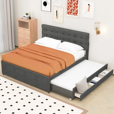 A bedroom scene with a bed and a dresser.