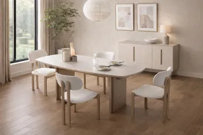 Image de Ensemble de salle à manger moderne beige, comprenant une table et 5 chaises rembourrées