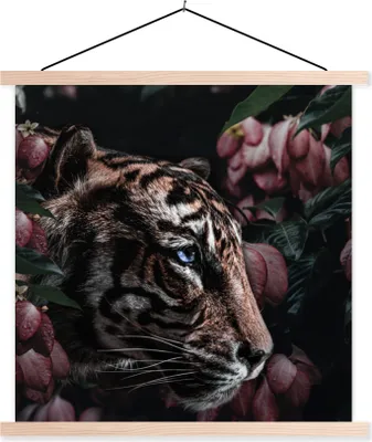 Produktbild von MuchoWow® Textilposter Tiger - Blumen - Pflanze 120x120 cm mit holzfarbenen Rahmen - Textil-Poster