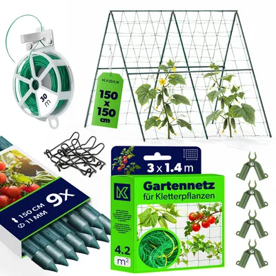 Produktbild von KADAX Gurken Rankhilfe Set – 9 x Pflanzstab 150 cm, Ranknetz 1,8 x 5 m, 4 x Pflanzstab-Verbinder, 30 m Gartendraht – Gurkengitter, Rankgitter, Gurkenspalier