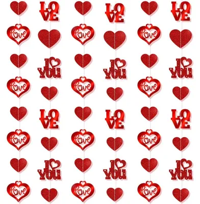 Productafbeelding van Rode hartjesguirlande, Valentijnsdecoratie, glitter, 6 strengen, 1,5 meter per streng, hartjes van 8-10 cm