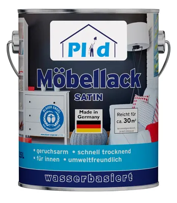 Produktbild von Plid Möbellack weiß satin 2,5L Weisslack für Möbel & Holz [UNIVERSELL ANWENDBAR] - Holzfarbe außen & innen - Holzlack wetterfest - ohne schleifen