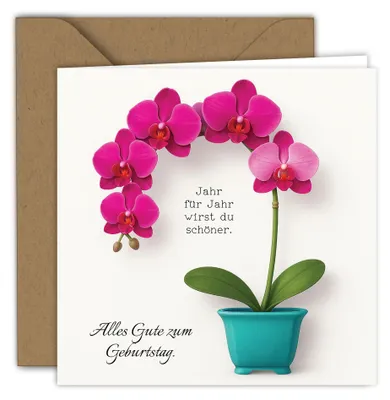 Geburtstagskarte, Orchideenmotiv, 15x15 cm, mit Kraftumschlag