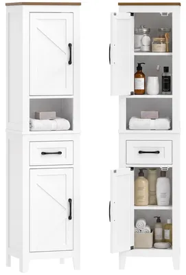 Produktbild von Badezimmerschrank - Schmaler und hoher Schrank - 34,5 x 30 x 148 cm - Schublade und Regalböden - Holzkonstruktion - Weiß