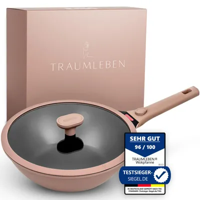 Produktbild von TRAUMLEBEN® Wokpfanne 28 cm mit Deckel, abnehmbarer Griff & Hitzeindikator | PFOA-frei & für Induktion geeignet | Beschichtete Pfanne (rosa)