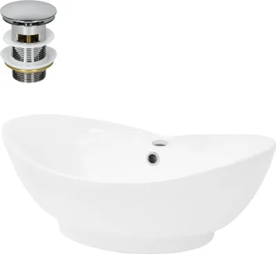 Produktbild von LuxeBath Waschbecken Aufsatzwaschbecken Oval, 59x39,5x20,5 cm, Weiß, aus Keramik, inkl. Ablaufgarnitur mit Überlauf