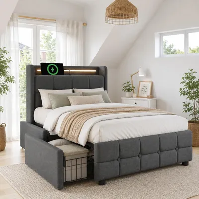 Produktbild von Polsterbett mit USB Ladefunktion Kopfteil LED-Beleuchtung 2 Schubladen Einzelbett 90x200 Stauraumbett Bettgestell Lattenrost Holz Grau ohne Matratze