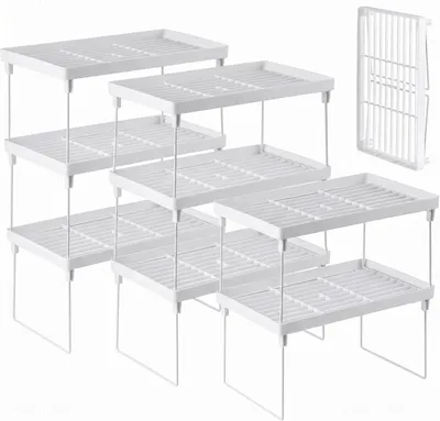 Image de Étagère de rangement empilable, en plastique, lot de 8, de couleur blanche, pour la cuisine