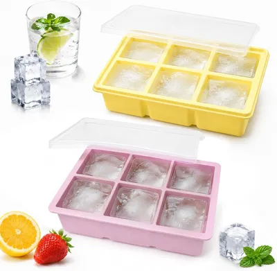 Imagen del producto de Contenedor de silicona para congelador - Juego de 2 - Molde para hielo - Grande - Apilable - Ideal para sopas - Para congelador - Molde para hielo con tapa - Libre de BPA - Para congelar caldo