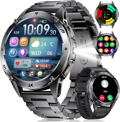 Produktbild von FITFLEX Smartwatch Herren Militär mit Telefonfunktion, 1,43'' AMOLED Smart Watch mit 530mAh Akku, Taschenlampe, Herzfrequenz, Schlafmonitor, 120+Sportmodi IP68 Wasserdicht Sportuhr für Android iOS
