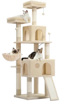 Image de Grand arbre à gratter pour chats d'intérieur - Arbre d'escalade XL - 5 niveaux, 162 cm de hauteur - Poteaux à gratter en bois - Plateformes et cachette rembourrés - Beige