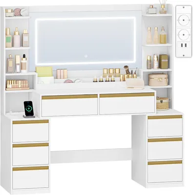 Obrázok produktu pre Kozmetický stolík s osvetlením – Nábytok na líčenie – Priestor na aplikáciu make-upu – Integrované zásuvky – 40x135x145 cm – Biely a zlatý