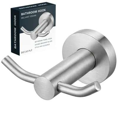 Produktbild von Delvant ESVAN Doppelter Handtuchhaken Silber gebürstet Edelstahl Badezimmerhaken wandmontiert Handtuchhalter Bademantelhaken Badezimmerzubehör Bad