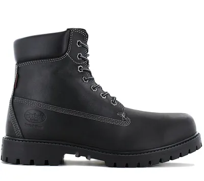 A black leather boot on a white background.