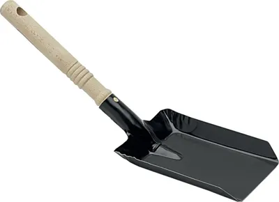 A black metal coal shovel with a wooden handle, shown against a white background.