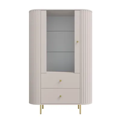Produktbild von Vitrine OVALIO 112 98 cm – Sandbeige, abgerundete Seiten, Schubladen, geriffelt