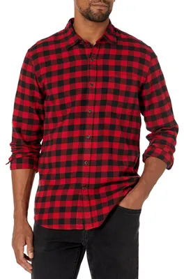 Produktbild von Amazon Essentials Herren Schmal Geschnittenes, Langärmliges Flanellhemd Mit Knopfleiste, Kariert, Schwarz Rot Buffalokaros, XS