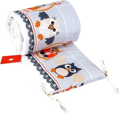 Produktbild von BabyLux Nestchen Bettumrandung 210x30 cm – Kopfschutz für Babybett, Beistellbett & Laufgitter – Weiche Gitterbett-Polsterung - Baumwolle 57. Eule Grau