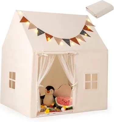 Imagen del producto de Tienda infantil para interiores, casita de juegos para niños para usar en interiores, con alfombra antideslizante, luces y banderas. Tienda para niños, ideal para habitaciones de niños a partir de 3 años