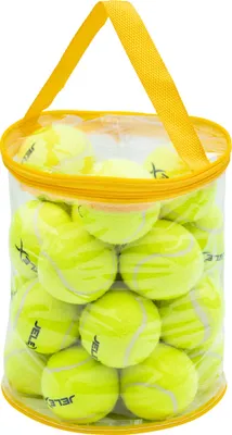 A clear plastic bag filled with tennis balls, with a yellow handle and zipper.