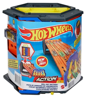 Produktbild von Hot Wheels Action Rollout Raceway Trackset, Aufbewahrungsbehälter und fünfspurige Rennstrecke in einem, Fahrzeug- & Schienen-Set, 4 Jahr(e), Kunststoff, Mehrfarbig