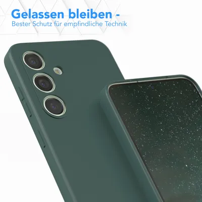 A close-up of a green phone case with a phone inside, showing the camera area of the phone and the edge of the case.