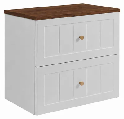 Immagine prodotto di Mobile bagno sospeso, 60 cm, con cassetti, struttura bianca e piano in legno noce, dimensioni 60 x 46 x 58,6 cm, Immagine generata dall'IA