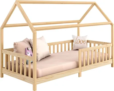 Produktbild von Hausbett NINA aus massiver Kiefer, schönes Montessori Bett in 90 x 200, minimalistisches Kinderbett mit Dach natur