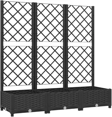 Zdjęcie produktu dla Pojemnik na rośliny z kratką do pnączy, czarny, 120 x 40 x 121,5 cm. Donica ogrodowa wykonana z odpornego na warunki atmosferyczne tworzywa PP, z podporą do roślin pnących. Duży kwietnik idealny do ogrodu, tarasu i balkonu