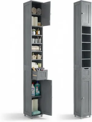 Image de Armoire de salle de bain haute, avec 2 portes et 1 tiroir, armoire de salle de bain étroite, meuble de salle de bain haut, dimensions 20x20x180 cm, couleur grise
