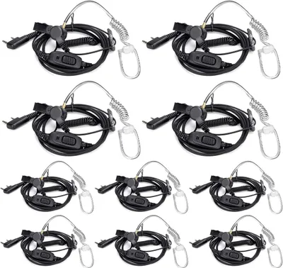 A collection of walkie-talkie headsets arranged in a grid.