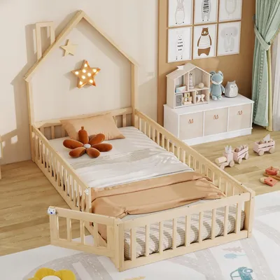 Image de OKWISH Lit Enfant 90x200 cm - Lit Cabane Design Maison avec Cheminée Décorative et Sommier à Lattes Inclus, Bois et MDF, Naturel, sans Matelas