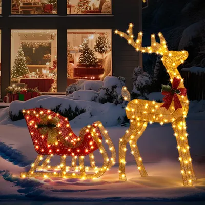 Produktbild von LEADZM Weihnachtsbeleuchtung Rentier mit Schlitten & 180 warmweißen Lichtern, Weihnachten Deko für Außen und Innen