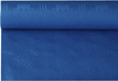 A roll of dark blue fabric or paper, likely a tablecloth, is shown.