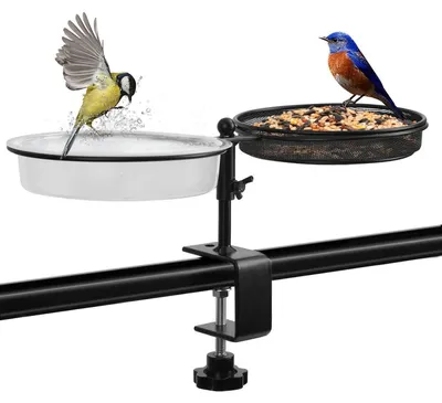 Immagine prodotto di Abbeveratoio e distributore di cibo per uccelli 2-in-1, con sistema di fissaggio a clip | Resistente alle intemperie | Acciaio | Adatto per balconi e giardini