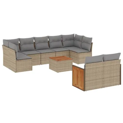Produktbild von Modulares 10-tlg. Garten-Lounge-Set, Poly Rattan Beige, Akazienholz-Tisch, UV-beständig, mit Hellgrauen Kissen