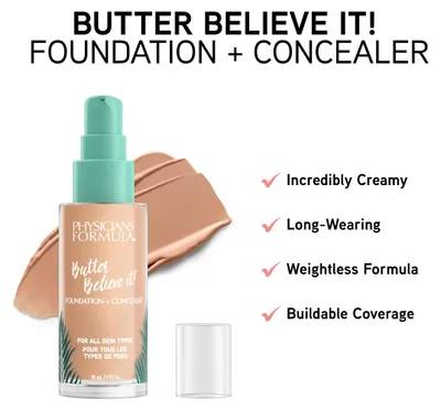 Imagen del producto de Physicians Formula Butter Believe It! Base de maquillaje y corrector, envase con bomba, crema, para todo tipo de piel, nutritiva, suavizante, tono claro, beige