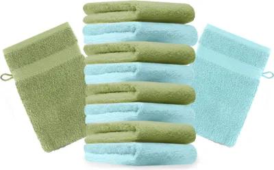 Produktbild von Betz 10 Stück Waschhandschuhe 16x21 cm PREMIUM 100% Baumwolle Farbe: apfelgrün und türkis
