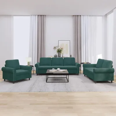 Produktbild von vidaXL 3-tlg. Sofagarnitur mit Kissen Dunkelgrün Samt