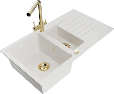 Produktbild von Mexen Matias 1,5-Becken-Granitspüle mit Abtropffläche und Mischbatterie Duero, Weiß - 6502-20-671600-50