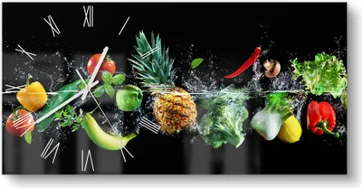 Produktbild von DEQORI Glasuhr 60x30 cm Römisch 'Sauberes Obst und Gemüse' Wanduhr Glas Uhr Design leise