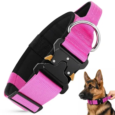 Produktbild von Hundehalsband Taktisch Breit Gepolstert mit Griff Verstellbar Nylon Schnellverschluss Metallschnalle Rosenrot L