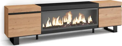 A modern media console with a built-in electric fireplace.