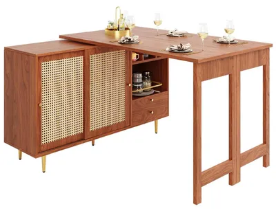 Immagine prodotto di Tavolo da pranzo girevole con cassetto, estendibile da 120 a 187 cm, con ante in rattan e ripiano