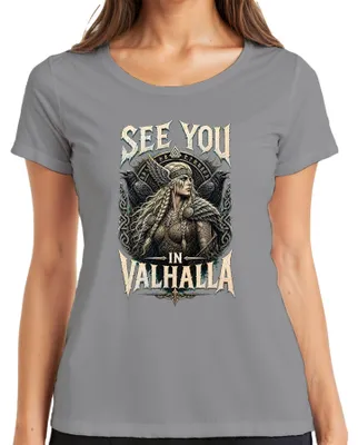 Zdjęcie produktu dla Koszulka damska "See You In Valhalla", motyw: Wiking, wojowniczka, Walkiria, mitologia nordycka, kolor: szary, rozmiar: XXL