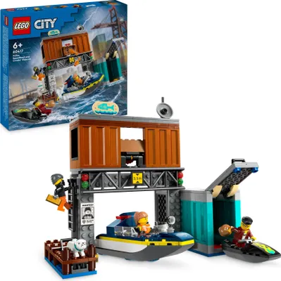 Produktbild von LEGO City Polizeischnellboot und Ganovenversteck, Polizei-Set mit Spielzeug-Boot und Jetski, Geschenk für 6-jährige Jungs und Mädchen, Bauset für Kinder mit 3 Minifiguren und Hundefigur 60417