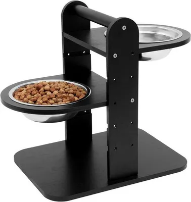 Obrázek produktu pro Krmítko z bambusu s miskami z nerezové oceli, výškově nastavitelné, vhodné pro psy i kočky, tmavě hnědé, střední velikost